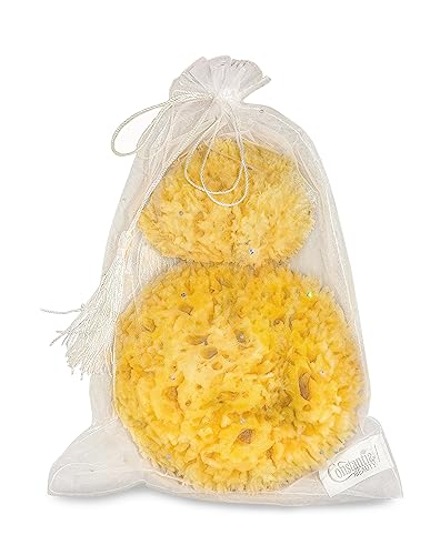 Natural Sea Wool Sponges 2pk, 6"-7" Body Sponge + 3"-4" Facial, Bath & Face | Softest sea sponge variety. Sustainably harvested & hypoallergenic. Perfect body + face set, gift-ready in a drawstring bag.