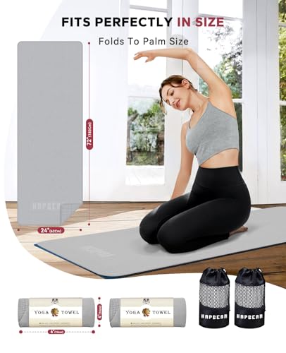 HAPBEAR 2 Pack Non Slip Yoga Mat Towel with Grip Dots, 72" x 24" Hot Yoga Towel - Super Absorbent Microfiber Yoga Towel for Hot Yoga, Bikram, Pilates and Gym Workout - Grey - color: Grey (2 Pack)