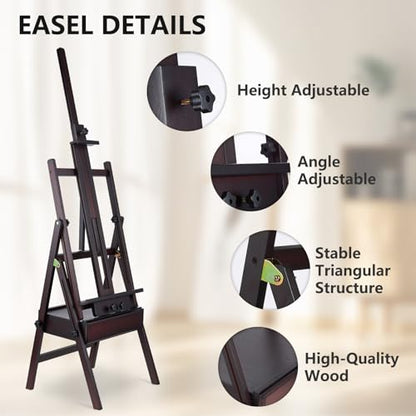 Beech Wood H-Frame Painting Easel with Storage Drawer, Walnut | Heavy-duty Studio Easel, Adjustable Height & Angle Floor Easel Stand, Holds 30"-48" Canvas, Foldable Artist Easel for Adults - color: Walnut