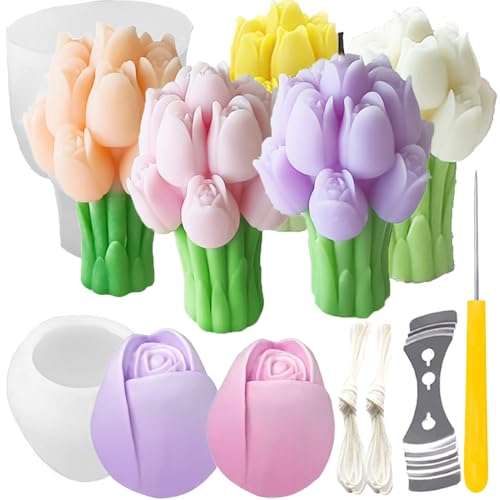 2 Pcs Tulip Bouquet Silicone Candle Molds Tulip Flower Candle Mold with Mold Punch&candlewick Hook Needle for Candle Making Handmade Plaster Craft Soap Making Home Decorating Ornaments - color: Tulip