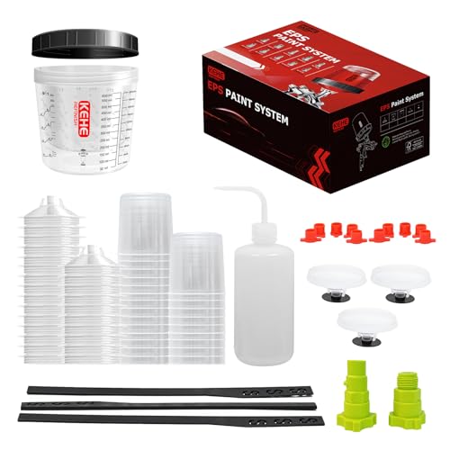 Disposable Paint Cups for Spray Gun,Mixing Cups 20 Ounce (600ml) Kit with 25 Cups and Lids with Strainer System for HVLP&LVLP,1 Hard Cup with Retainer Ring,10 Plugs,2 Adapters,3 Mixing Sticks - size: 20 oz (Standard)-25Pack