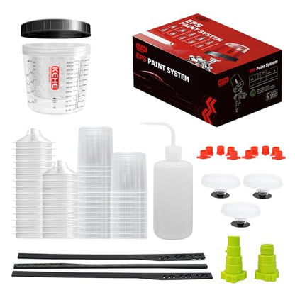 Disposable Paint Cups for Spray Gun,Mixing Cups 20 Ounce (600ml) Kit with 25 Cups and Lids with Strainer System for HVLP&LVLP,1 Hard Cup with Retainer Ring,10 Plugs,2 Adapters,3 Mixing Sticks - size: 20 oz (Standard)-25Pack