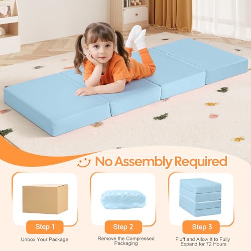 MeMoreCool Kids Folding Mattress, 63x26 Trifold Floor Mat, Blue - color: Blue