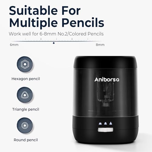 Electric Pencil Sharpener, USB & Battery Operated, Black | Adjustable Sharpness, Portable, for 6-8mm Pencils, Kids, Students, Classroom, School, Home, Office