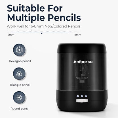 Electric Pencil Sharpener, USB & Battery Operated, Black | Adjustable Sharpness, Portable, for 6-8mm Pencils, Kids, Students, Classroom, School, Home, Office