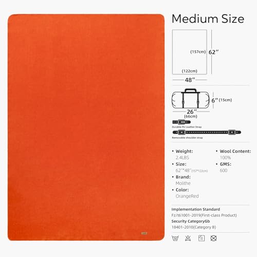Molithe 100% Wool Blanket, 62" x 48", Warm, Thick, Military, Camping Gear - color: Orangered, size: Medium