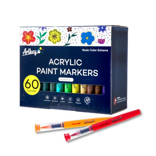 Artkey Acrylic Paint Markers 60 Colors, Direct-Liquid Acrylic Paint Pens with Automatic Ink Control, Flexible Brush Tip Acrylic Markers Set for Rock Painting, Wood, Canvas, Glass, Ceramic, DIY Crafts - color: 60 Colors