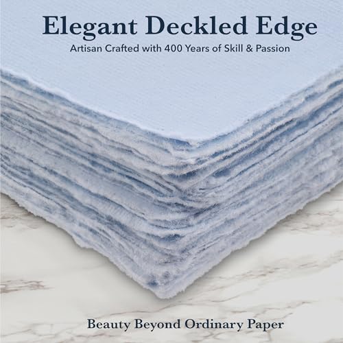 Wanderings 50 Pack Blue A6 Handmade Deckled Edge Cotton Paper - 4" x 6" - Cold Pressed Texture - Paint, Watercolor, Writing, Printer - Cards, Wedding Invitations, Menus, Arts and Crafts. 150 GSM - color: Blue, size: A6