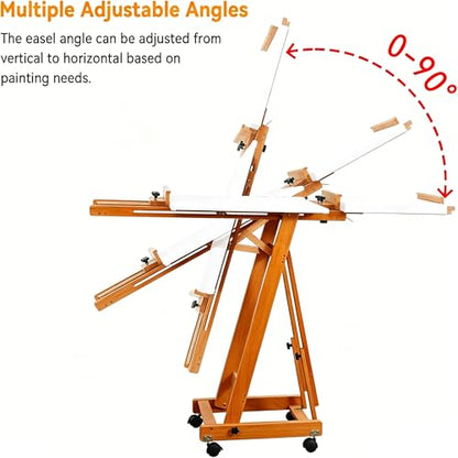 PHOENIX Versatile Studio H-Frame Easel - Solid Beech Wood with Locking Casters, Adjustable Angle & Height, Heavy Duty Canvas Holder with Storage Tray for Professional Artists - Light Walnut