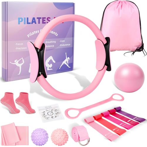 Pilates Ring and Ball Set for Women, Home Workout Pilates Kit, Magic Circle Hoop with 5 Resistance Bands, Pilates Equipment Fitness Essentials Starter Set Accessories - color: Pink