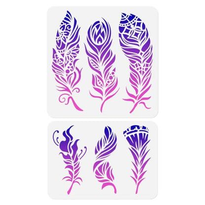 2 Pack Feathers Mandala Stencils for Painting Reusable Plastic Feather Stencil for Painting on Wall Wood Furniture Fabric Canvas, DIY Craft Stencil - style: Feathers