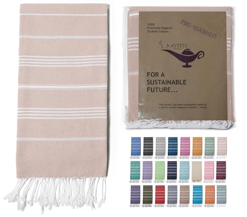 Turkish Beach Towel 100% Organic Cotton Extra Large Oversized (39 x 71 Inches) Quick Dry Sand Free Light Weight Prewashed for Bath Beach Gym Yoga Travel Towel Blanket (Medium Beige) - color: Medium Beige