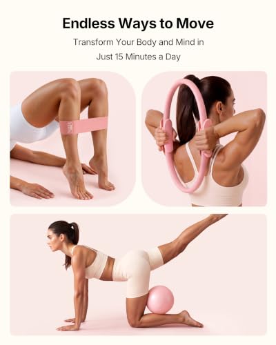 PAETA Pilates Ring Set – 14” Magic Circle (38 lbs Resistance), 9.8” Pilates Ball, 5 Resistance Bands, and Exercise Guide Included for Home Workouts - color: pink