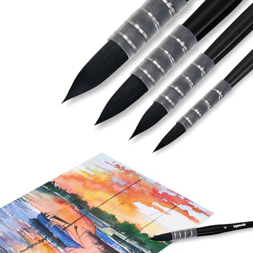 Lightwish Watercolor Brushes Set, Synthetic Squirrel Hair Paint Brushes Kit :#2#4#6#8 for Artists, Adults, and Hobbists, Pointed Round Mop Brush for Watercolor, Gouache,4 Pcs - color: Black