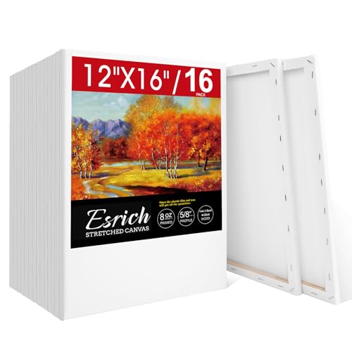 ESRICH Stretched Canvas for Painting 12x16 Inch, 16 Pack Blank Canvas Bulk-5/8 in Profile Primed Cotton White Canvases for Painting for Oil & Acrylic Paint - size: 12X16IN 16 Packs