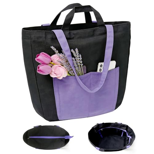 Commuter Tote Bag for Women, Black Canvas Shopping Tote, 27L Everyday Work Bag with Zip Top, 2 Outer Pockets, Short Handles, Inner Zipper Pocket, Utility Carryall for Laptop, Lunch and Grocery Runs