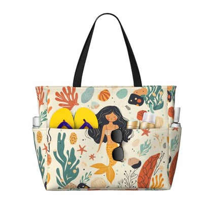 Large Beach Bag for Women Waterproof Foldable Travel Shoulder Tote Bag with Pocket for Weekender Pool Vacation - color: Fish Beige