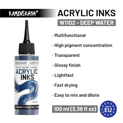 Kamenskaya Acrylic Inks for Artists - Deep Water Acrylic Ink, 3.38 Fl Oz (100 ml) | Highly Concentrated, Multifunctional Liquid Acrylic Paint - color: Deep Water
