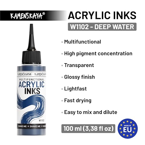 Kamenskaya Acrylic Inks for Artists - Deep Water Acrylic Ink, 3.38 Fl Oz (100 ml) | Highly Concentrated, Multifunctional Liquid Acrylic Paint - color: Deep Water