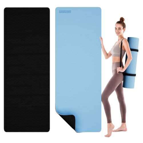 10mm0.4"TPE Yoga Mat Thick Wide Large for Home Workout Carrying Strap | Non Slip Exercise Mats Cushioned Joint-Friendly Stable,76"x28"Extra long Tapis Entrainement Au Sol Fitness,Pilates Gym Travel - color: blue