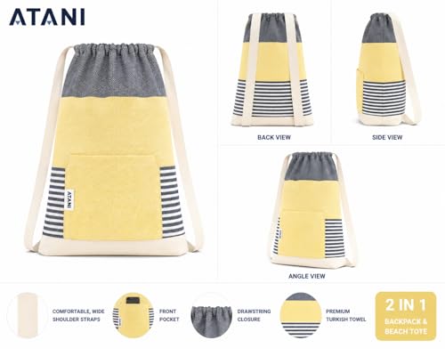 ATANI Turkish Beach Towel, Converts to a Bag, Oversized 100% Cotton Bath Towels Lightweight Quick-Dry Beach Blanket for Travel, Picnic, Camping, Yoga and Pool (Black x Yellow, 71 inc x 39 inc) - color: Black X Yellow, size: 71 inc x 39 inc