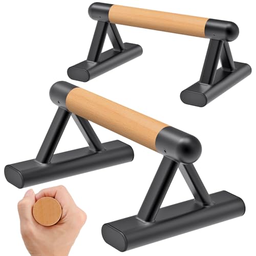 SELEWARE Wood Push Up Bars Steel Calisthenic Parallette Bars Handstand Bars | Anti-Slip Parallettes for Calisthenics, Fitness, Floor Workouts, Solid Wood Handle with Sturdy Metal Bracket Support 600 lbs - color: B: Wood Grip (14.5"L x 6"H)
