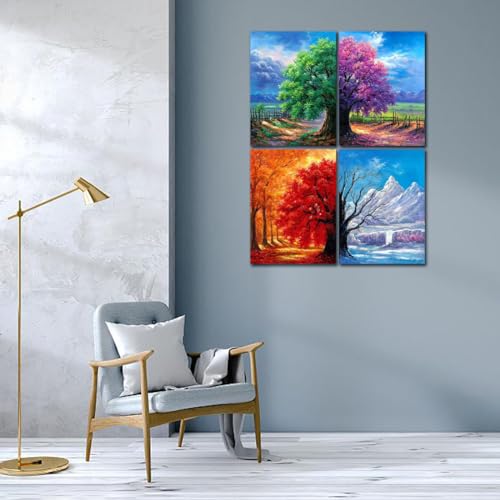 Muzagroo Art 4 Pack 5D Diamond Painting Kits for Adults DIY Diamond Art Kits 4 Seasons Trees Wall Art for Living Room Adults Crafts Diamond Dot Gem Art Kits for Beginners - color: 02-4 Seasons