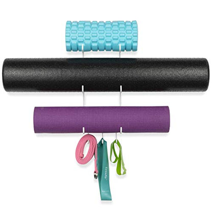 Wallniture Guru Yoga Mat Holder Wall Mount with 3 Hooks for Hanging Yoga Strap, Resistance Bands, 5-Sectional Metal - color: White, size: 19'' H | 3 Sectional