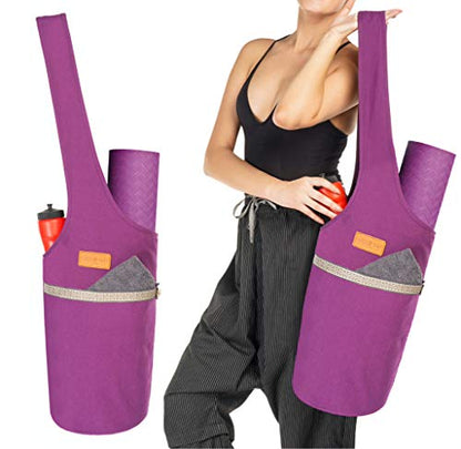 ALLEN & MATE 100% Cotton Canvas Yoga Mat Bag, Fits Mats up to 72 In Long and 7.5 In Thick, Wide Shoulder Strap, Zip Pocket, Blue Stripe - color: Purple