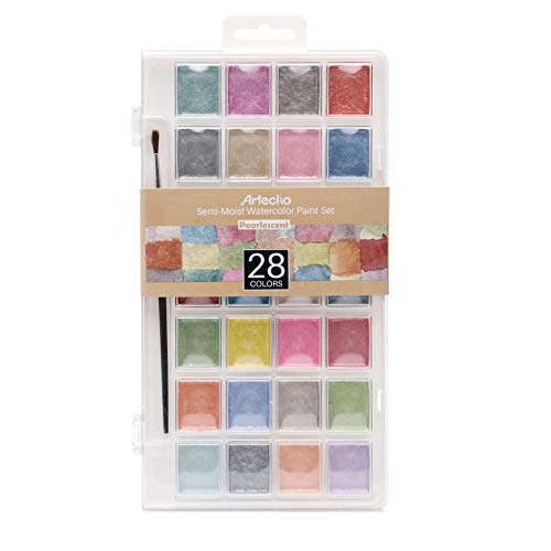 Artecho 28 Metallic Watercolor Paint Set | Glitter Colors, Semi-Moist Pearlescent Watercolor, Non-Toxic, for Beginners & Artists
