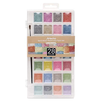 Artecho 28 Metallic Watercolor Paint Set | Glitter Colors, Semi-Moist Pearlescent Watercolor, Non-Toxic, for Beginners & Artists