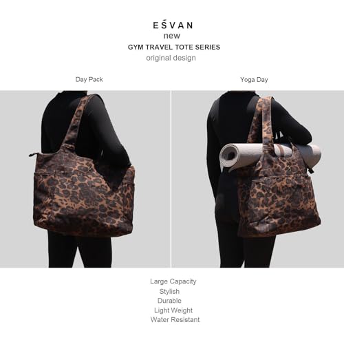 ESVAN Yoga Tote Bag Mat bag Women Shoulder Bags Carryall Tote for Travel Office Workout Gym Nurse Beach - color: Canvas Brown Leopard Print