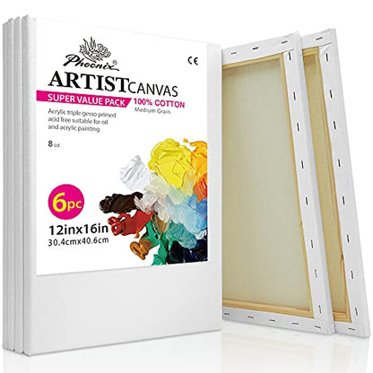 PHOENIX Stretched Canvas for Painting 12x16 Inch/6 Value Pack, 8 Oz Triple Primed 5/8 Inch Profile 100% Cotton White Blank Canvas, Artist Framed Canvas for Oil Acrylic & Pouring Art - size: 12"x16", style: Studio Set (8 Oz.)