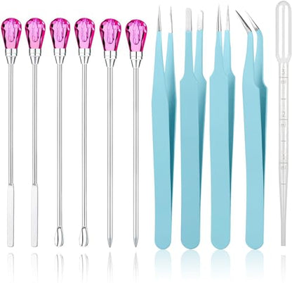 11 Pcs Silicone Resin Mold Tools Set Stirring Needle Spoon Tool Tweezers Precision Kit, Anti-Static Electronics Tweezers Set for Resin Art Crafts,Jewelry Making,DIY Epoxy Casting Molds-Rose Red & Cyan - color: Cyan