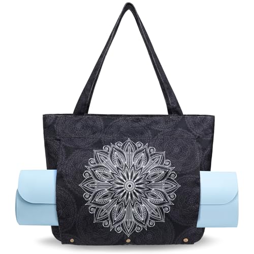 Yoga Mat Bag Yoga Bags and Carriers Fits All Your Stuff Yoga Tote Bag with Zipper Pocket Yoga Mat Carrier Pilates Bag Take in Out Mat Easily - color: Mandala Black