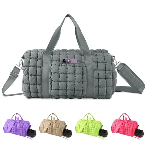 Quilted Travel Duffle Bag Gym Bag for Women,Large Puffer Duffle Weekender Bag with Compartment,Workout Overnight Carry on Organizer Bag Duffle Bag for Airplane Travel(L-Grey) - color: Grey, size: Large