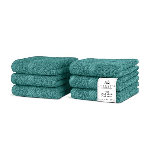 Villa Celestia Cotton Washcloths Set of 6, 12x12 Inch, 100% Ring-Spun Combed Cotton, Soft Absorbent Quick-Dry Wash Cloths for Face and Body, Oeko-TEX Certified, Hotel & Spa Quality, Teal - color: Teal, size: Washcloth - Pack of 06
