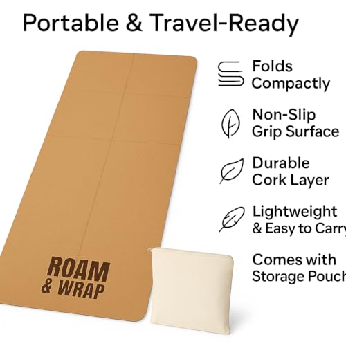 Roam & Wrap Travel Yoga Mat Packable & Foldable – 5mm Cork Yoga Mat, Not Rolled, Lightweight Portable Yoga Mat for Travel, Carry-On, Pilates & Gym