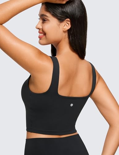 CRZ YOGA Butterluxe Square Neck Crop Tank Top | Built in Bra, Light Support, Removable Pads, Yoga, Extremely Soft, Wide Straps, Longline Sports Bras for Women - color: Black, size: X-Small