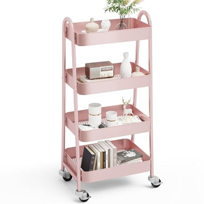 OLIXIS Metal 4 Tiers Rolling Storage Utility Cart with Lockable Wheels - color: Pink, size: 4-Tiered 18 inches