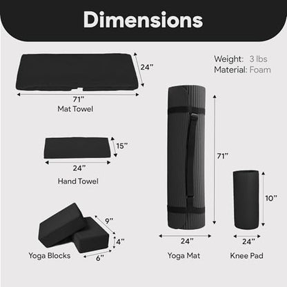 BalanceFrom 7-Piece Yoga Set with 71x24x0.5 Inches Extra Thick Mat and Carrying Sling – Includes 2 Blocks, Stretch Strap, 2 Towels, and Knee Pad for Home, Studio, and Gym Workouts - color: Black