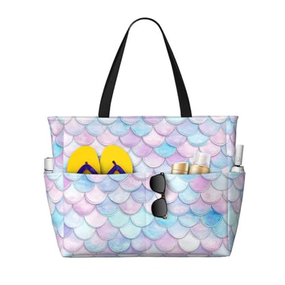 Large Beach Bag for Women Waterproof Foldable Travel Shoulder Tote Bag with Pocket for Weekender Pool Vacation - color: Fish Purple