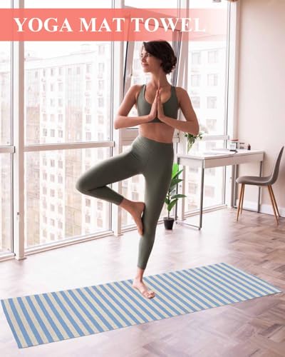 Blue Striped Yoga Towel for Hot Yoga Non Slip, Modern Simple Farmhouse Beige Vintage Yoga Mat Towel Absorbent Yoga Sweat Towels Microfiber Hot Yoga Blanket for Bikram Pilates Fitness 26"x70" - color: Skyblue Beige, size: 26x70in