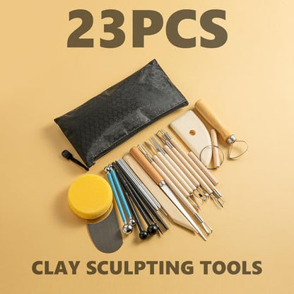 23PCS Clay Tools Sculpting, Ceramic & Pottery Modeling Tool, Ceramics Tools Set, Polymer Tools Kit, Air Dry Clay Tools for Carving, Molding, Pottery Wheel, Crafting Supplies, Pros, Beginners, Adults - color: Wood-23PCS