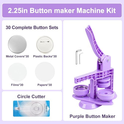 Happizza Button Maker Machine 58mm/2.25in, Pin Maker Machine Kit with 30 Buton Parts, DlY Badge Maker, Purple Button Press Machine, Perfect Beginner Experience Kit, Ideal for School, Parties, Events - color: Purple