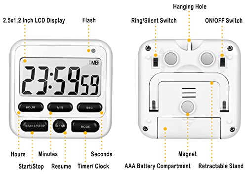 4-in-1 Digital Timer with Count Up/Down, Clock & Alarm, Ring & Silent Modes - color: White