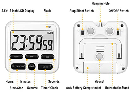 4-in-1 Digital Timer with Count Up/Down, Clock & Alarm, Ring & Silent Modes - color: White