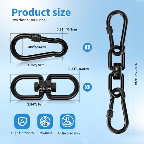 Aheucndg 1200 lb Capacity Heavy Duty Double Ended Eye Hook with Snap Hook, SUS304 Swivel Hooks 1Pack + Snap Hooks 2Pack, for Aerial Yoga, Hanging Hammock, Web Tree Swing, Swing Spinner M8 - color: Black, size: 8mm