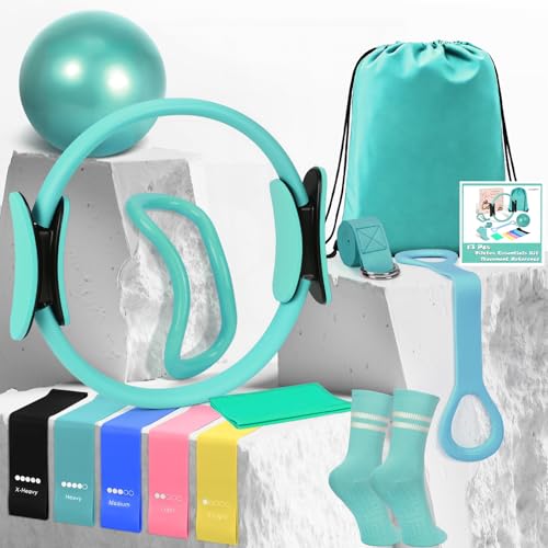 홈 필라테스 에센셜 키트, 여성용 필라테스 장비 세트, 22.9cm(9인치) 요가 볼, 피규어 8 저항 밴드, 필라테스 밴드 및 액세서리, 필라테스 링 및 볼 세트 초보자용 홈 운동 - color: 청록색