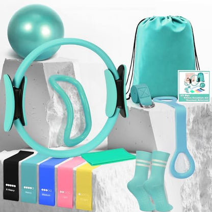 홈 필라테스 에센셜 키트, 여성용 필라테스 장비 세트, 22.9cm(9인치) 요가 볼, 피규어 8 저항 밴드, 필라테스 밴드 및 액세서리, 필라테스 링 및 볼 세트 초보자용 홈 운동 - color: 청록색